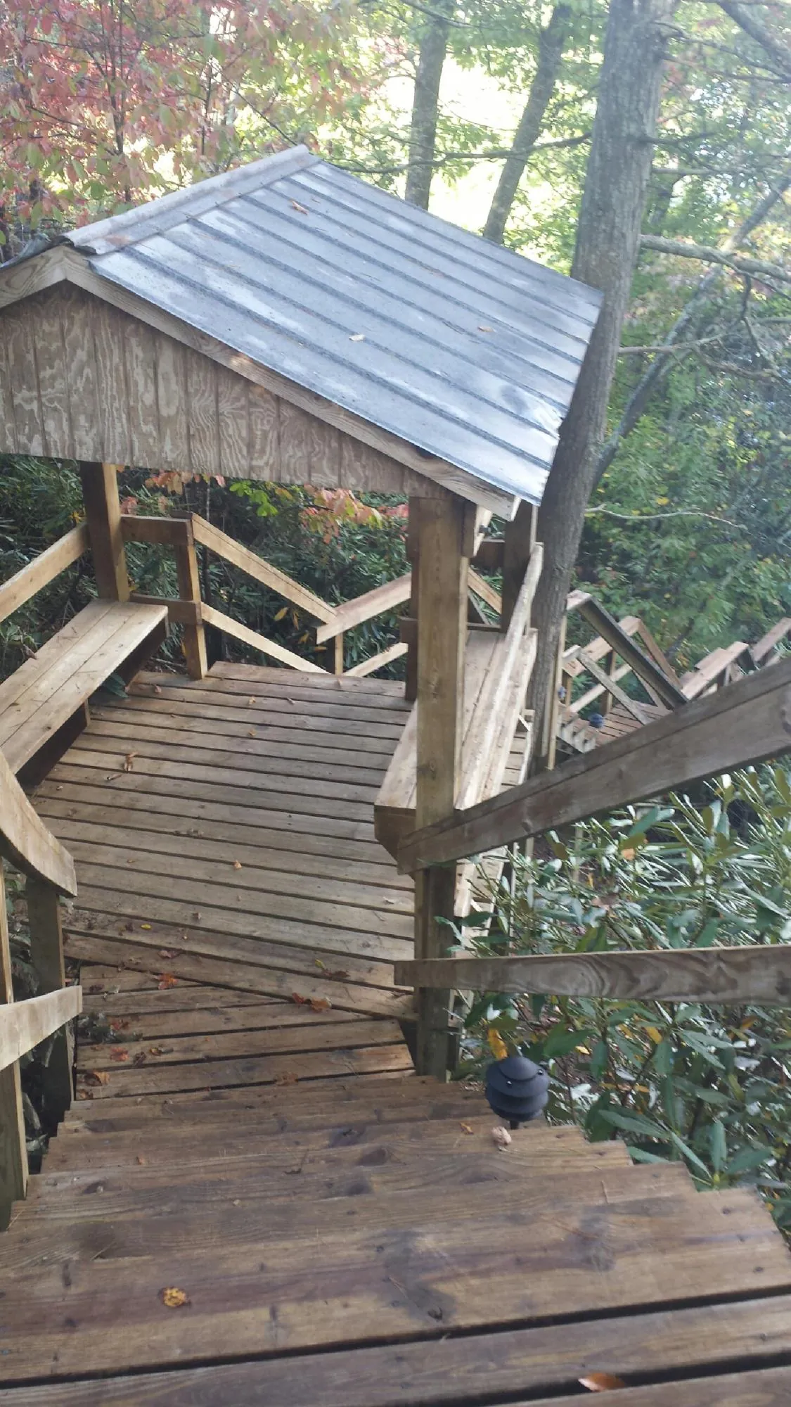 Metal roofed shelter over wooden steps on a wooded walkway — Skylight Repair & Installation work by our crew in Grangeville